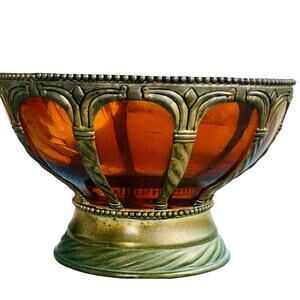 Vintage Amber Glass Crown Bowl – Ornate Brass Details